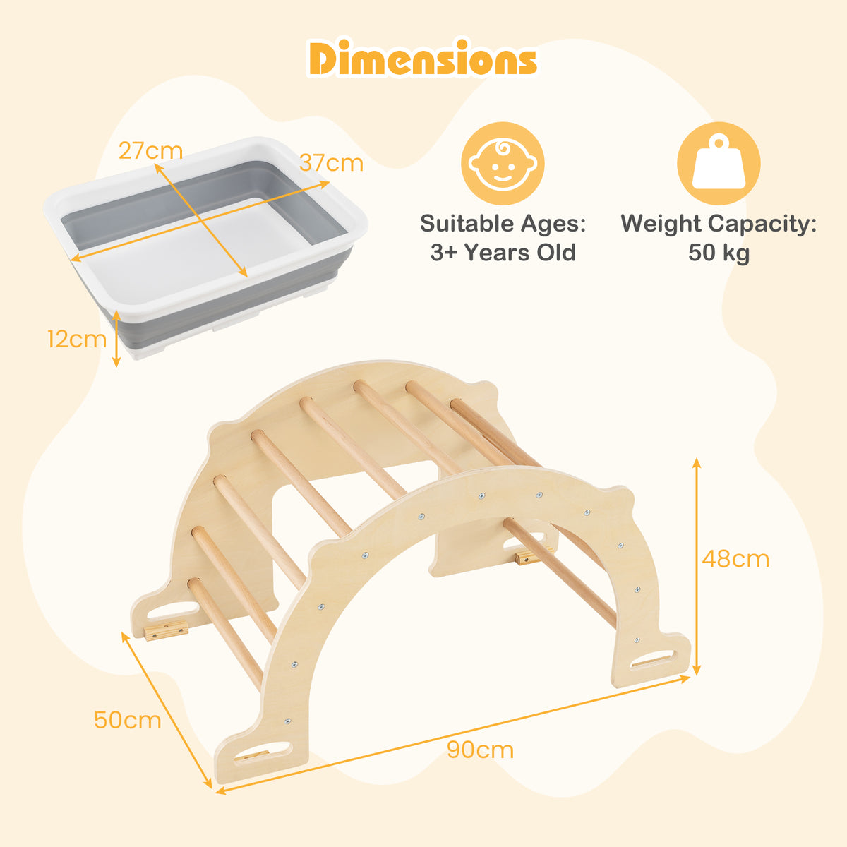 Kids Climbing Arch Sensory Table with Removable Collapsible Storage Bin and Rocker Board-M