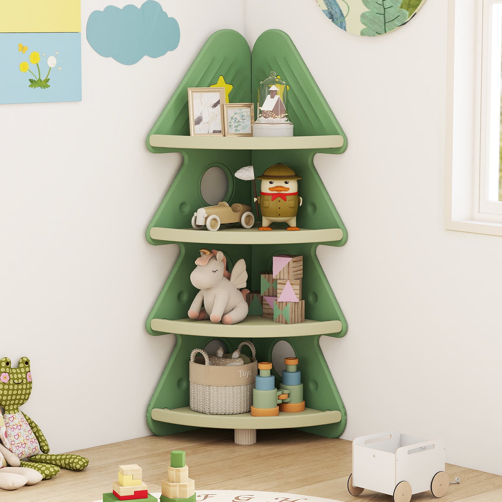4-Tier Kids Corner Bookshelf for Kids Room and Nursery Playroom-Green