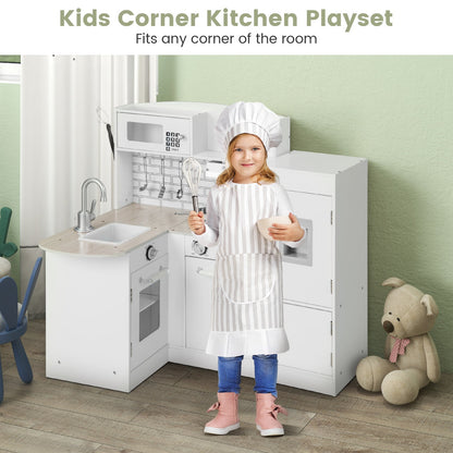 Kid's Wooden Corner Play Kitchen with Ample Accessories-White