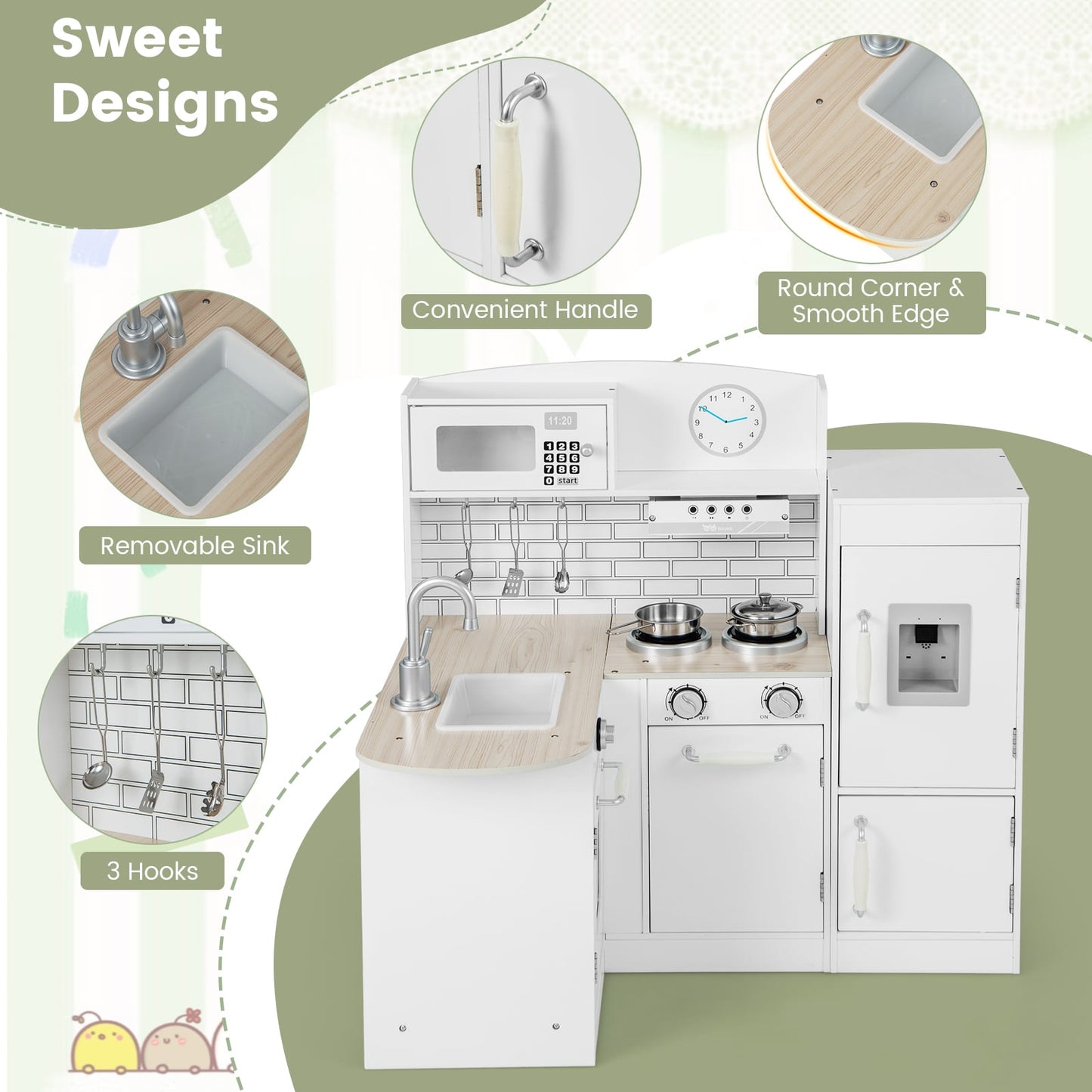 Kid's Wooden Corner Play Kitchen with Ample Accessories-White