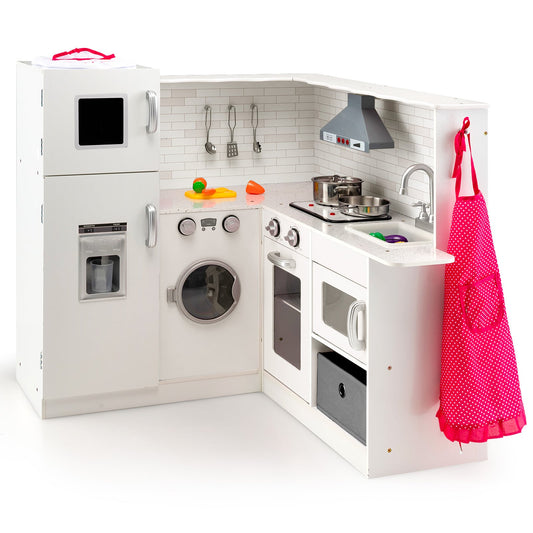 Kids Corner Play Kitchen with Apron and Chef Hat-White