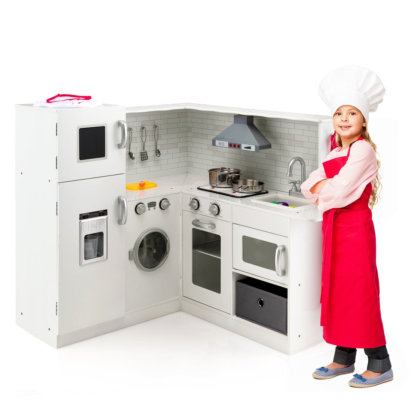 Kids Corner Play Kitchen with Apron and Chef Hat-White