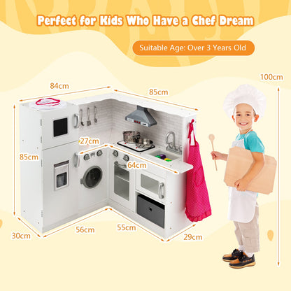 Kids Corner Play Kitchen with Apron and Chef Hat-White