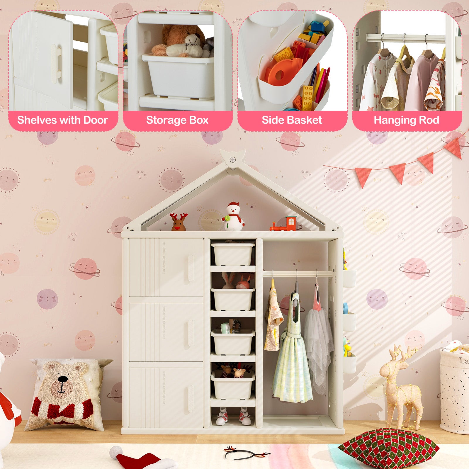 Kids Costume Storage Closet with Storage Bin-White