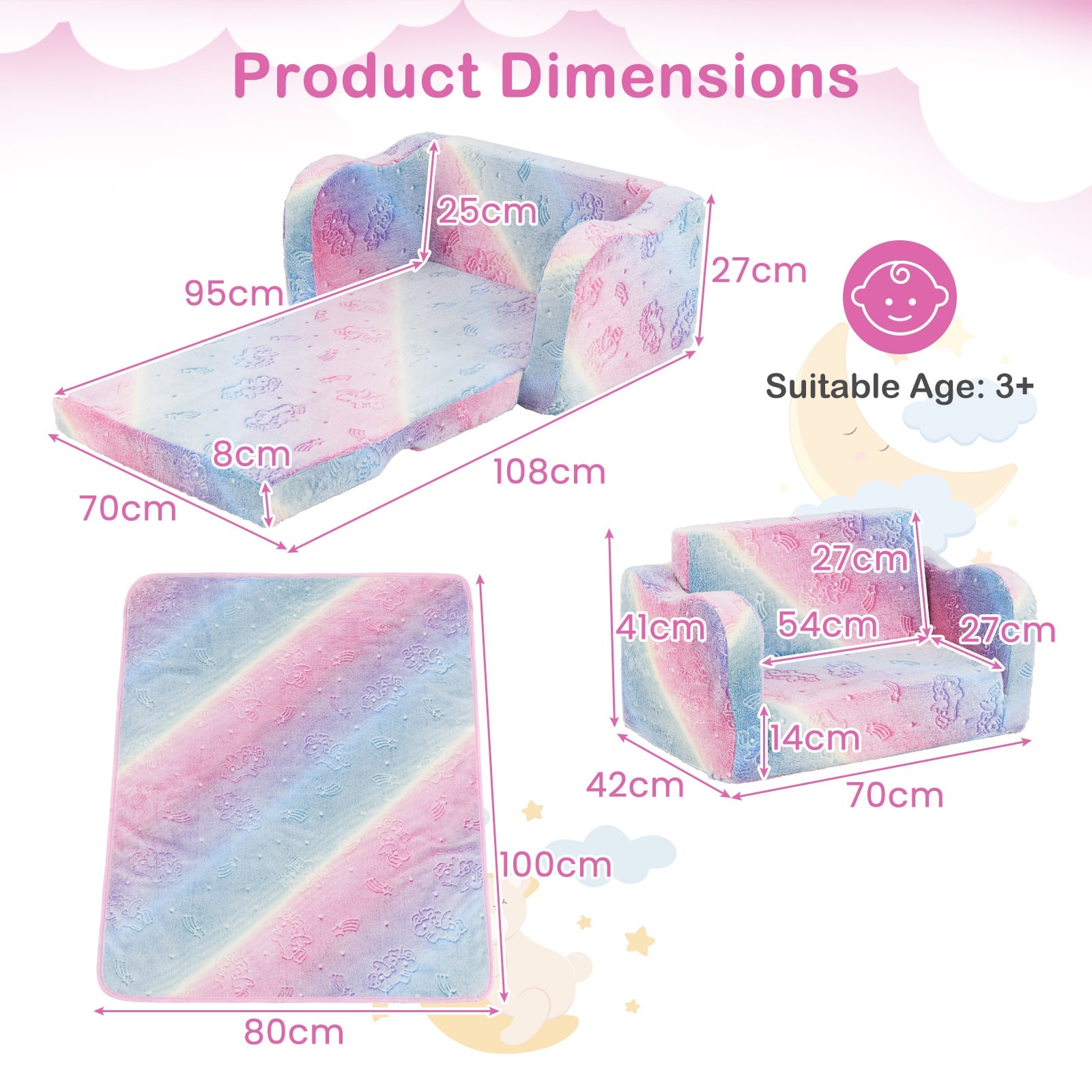 Kids Couch with Blanket 2-in-1 Folding Toddler Sofa Glow in the Dark Chair-Pink