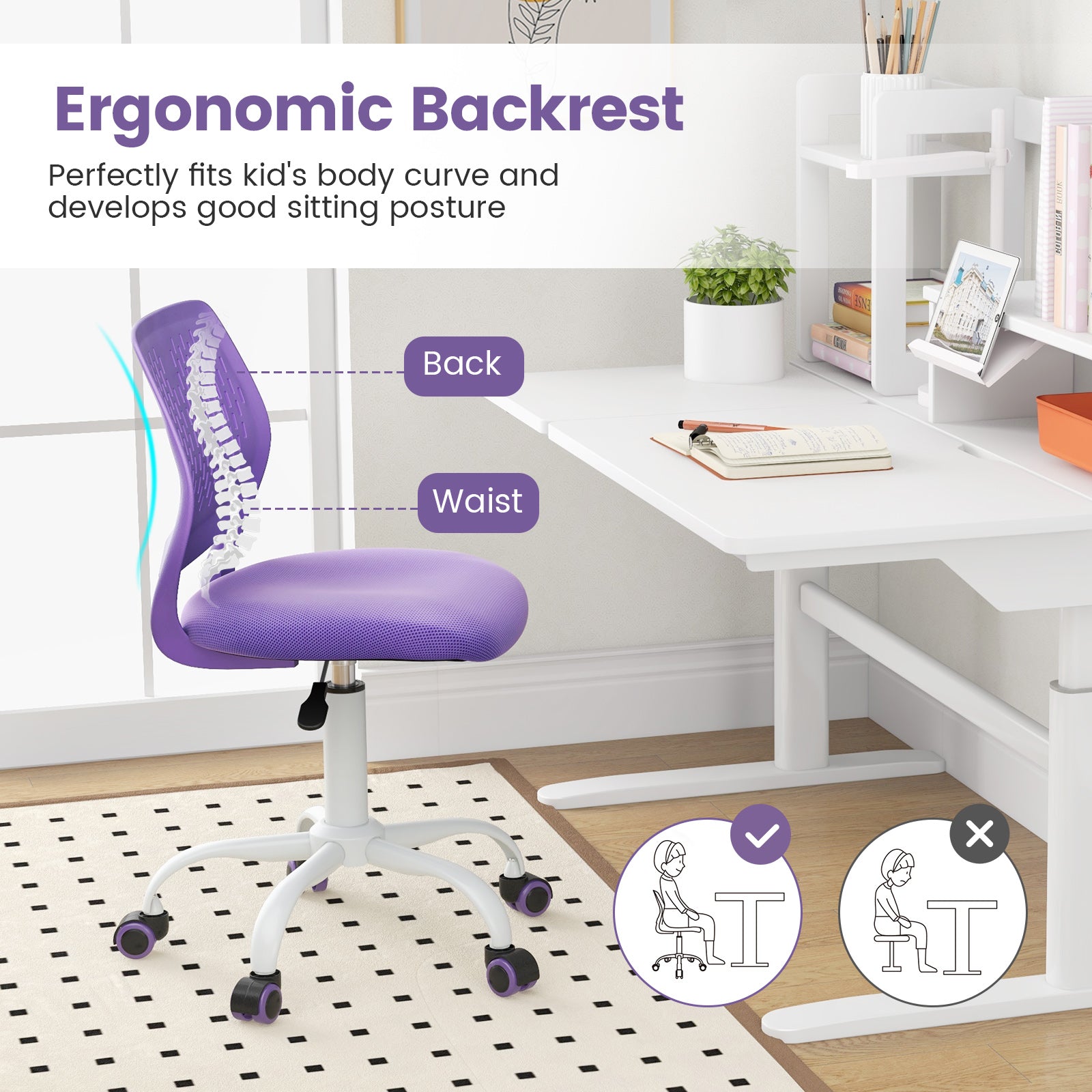 Ergonomic Children Study Chair with Adjustable Height-Purple