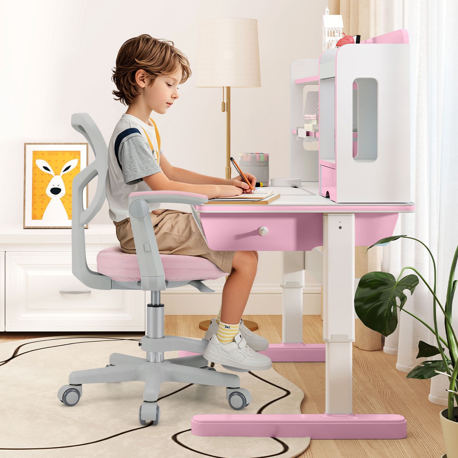 Kids Desk Chair Children Study Chair with Adjustable Height Armrest and Footrest-Pink