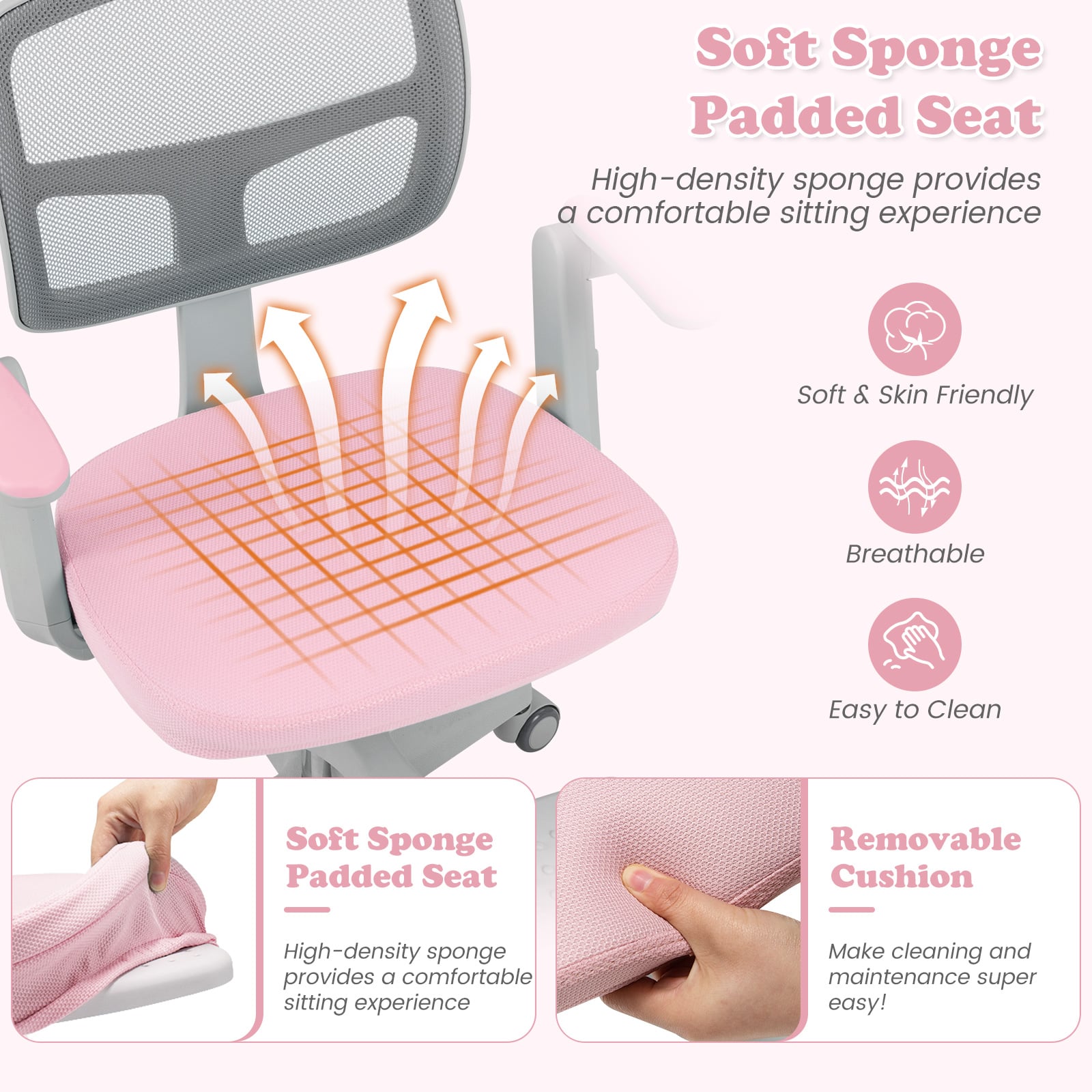 Kids Desk Chair Children Study Chair with Adjustable Height Armrest and Footrest-Pink