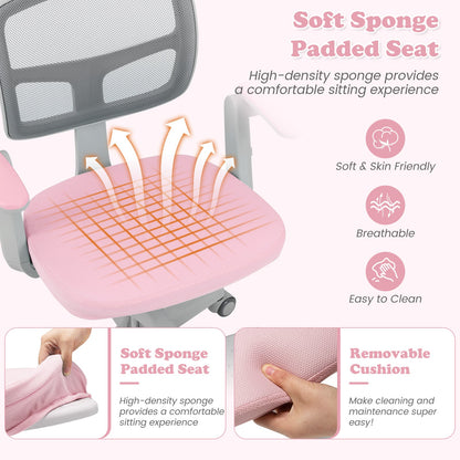 Kids Desk Chair Children Study Chair with Adjustable Height Armrest and Footrest-Pink
