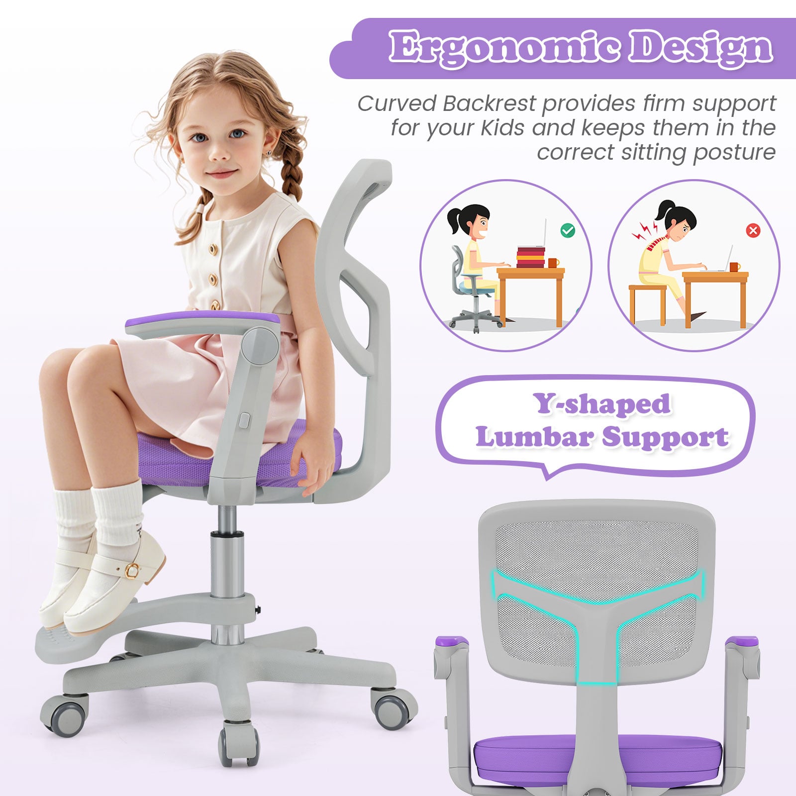 Kids Desk Chair Children Study Chair with Adjustable Height Armrest and Footrest-Purple