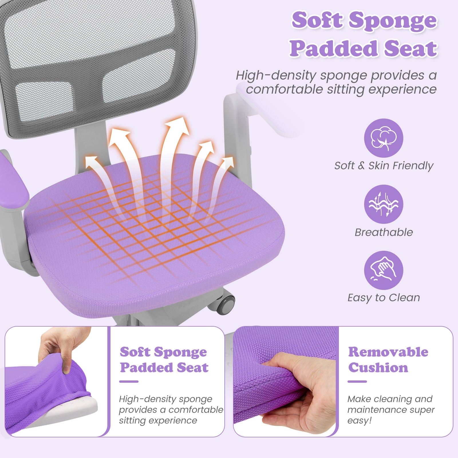 Kids Desk Chair Children Study Chair with Adjustable Height Armrest and Footrest-Purple