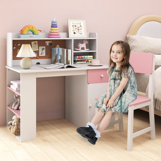 Kids Desk and Chair Set with Chair Hutch and 3-Layer Side Shelf-Pink