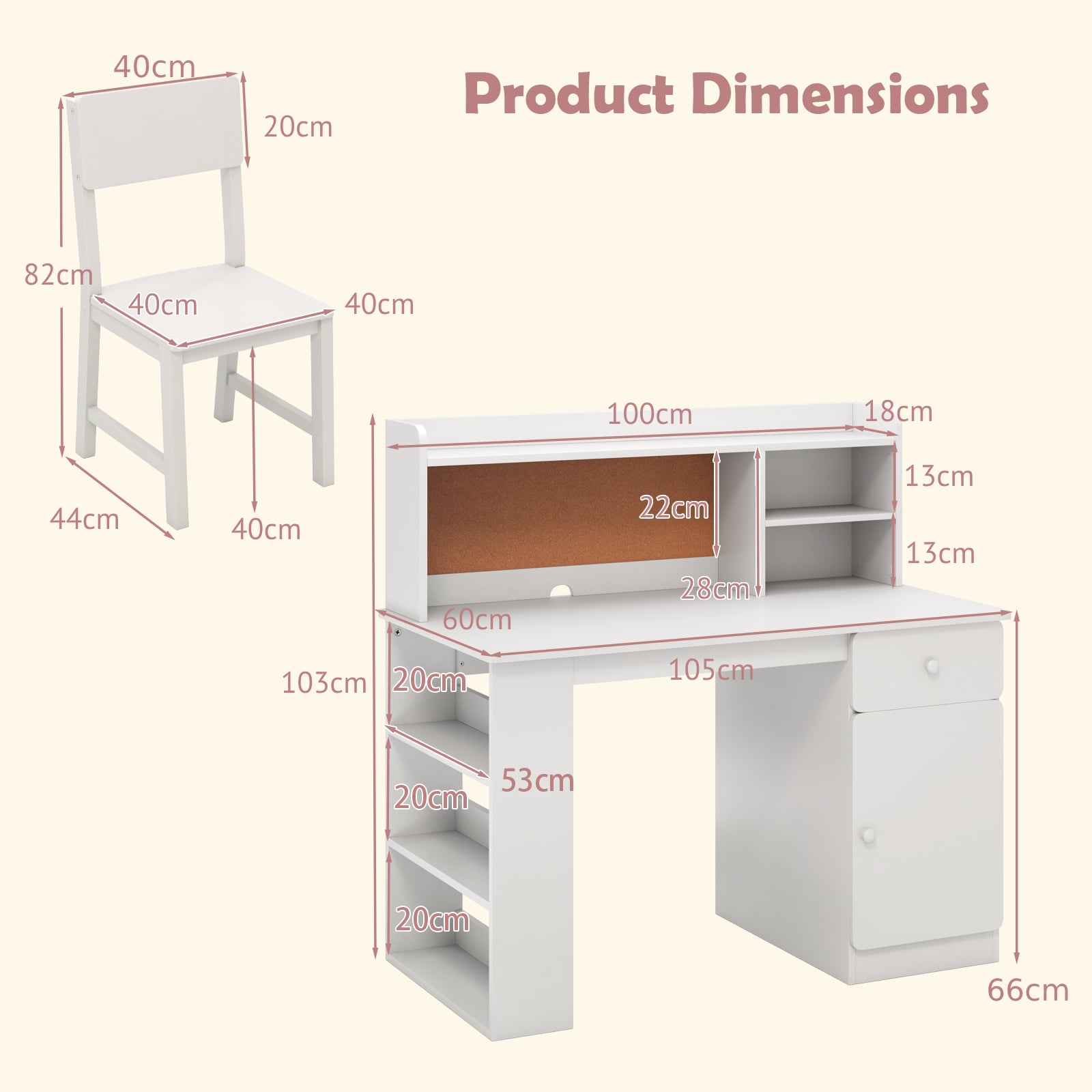 Kids Desk and Chair Set with Chair Hutch and 3-Layer Side Shelf-White