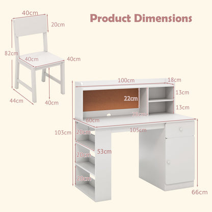 Kids Desk and Chair Set with Chair Hutch and 3-Layer Side Shelf-White
