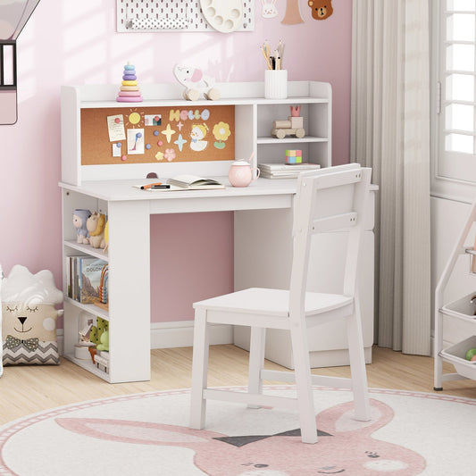Kids Desk and Chair Set with Chair Hutch and 3-Layer Side Shelf-White