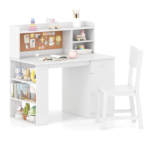 Kids Desk and Chair Set with Chair Hutch and 3-Layer Side Shelf-White