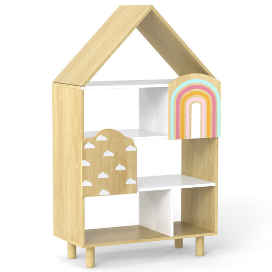 Kids Dollhouse Bookshelf with 2 Doors for Playroom Bedroom-Natural