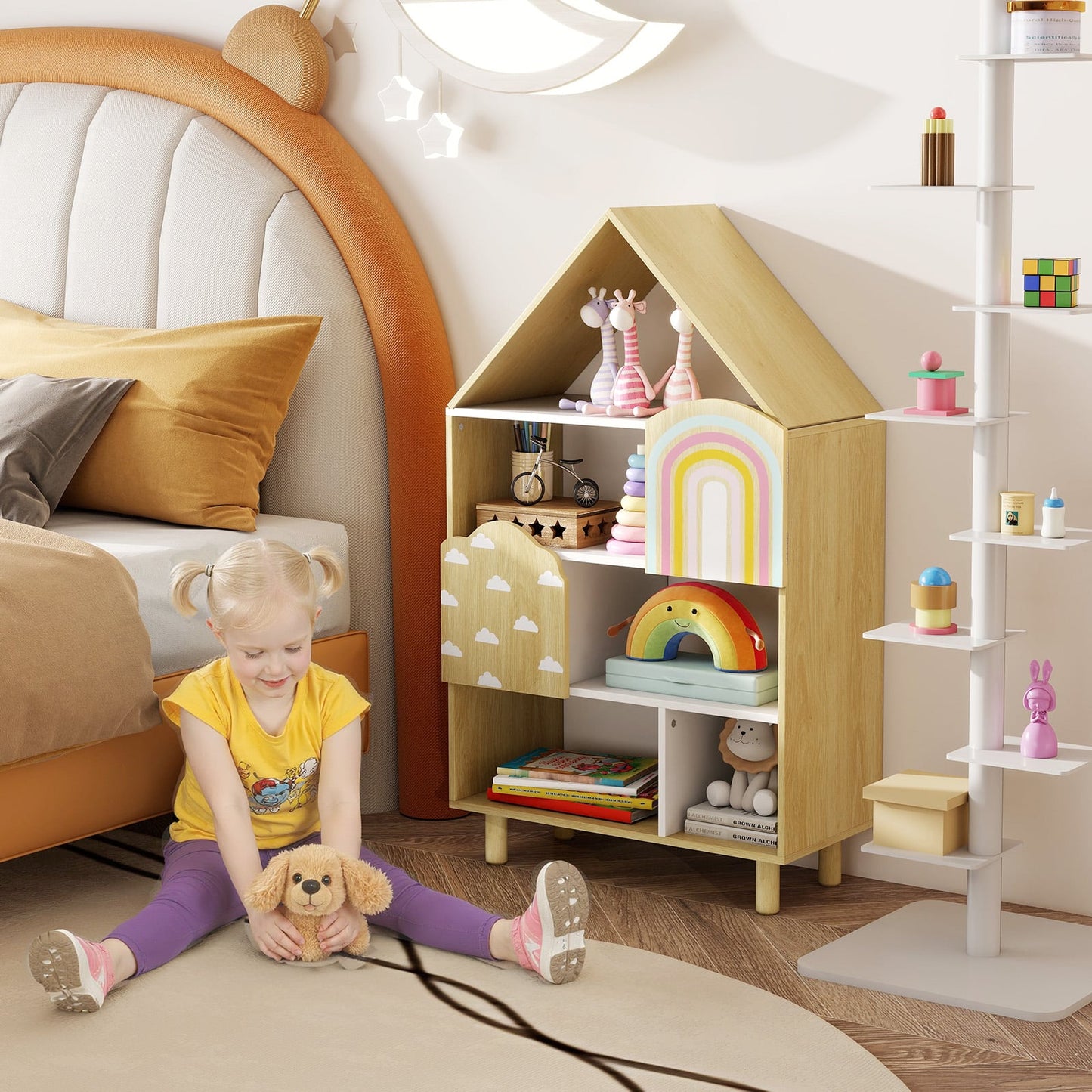 Kids Dollhouse Bookshelf with 2 Doors for Playroom Bedroom-Natural