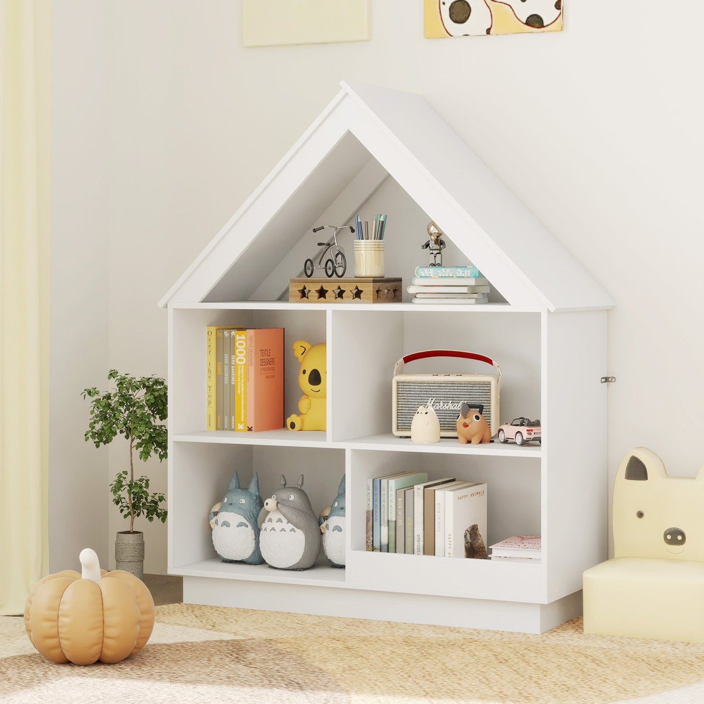 Kids Dollhouse Bookshelf with Anti-toppling Devices and 3-Tier Open Display Shelf for Toddlers-White