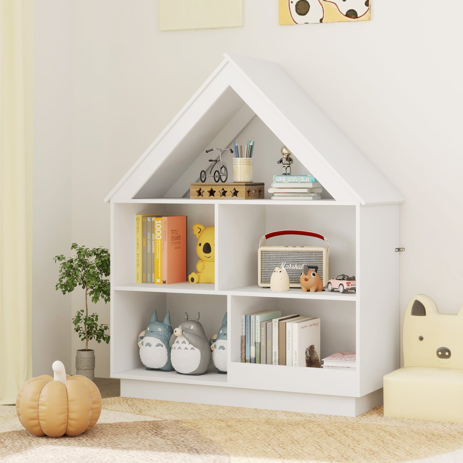 Kids Dollhouse Bookshelf with Anti-toppling Devices and 3-Tier Open Display Shelf for Toddlers-White
