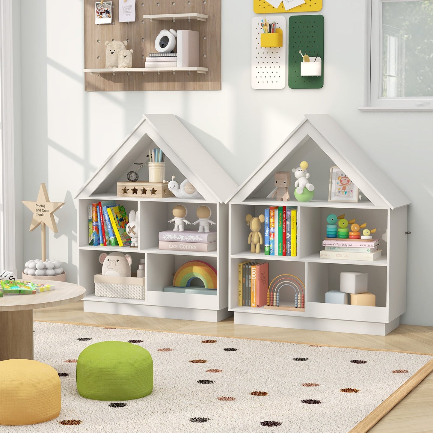 Kids Dollhouse Bookshelf with Anti-toppling Devices and 3-Tier Open Display Shelf for Toddlers-White