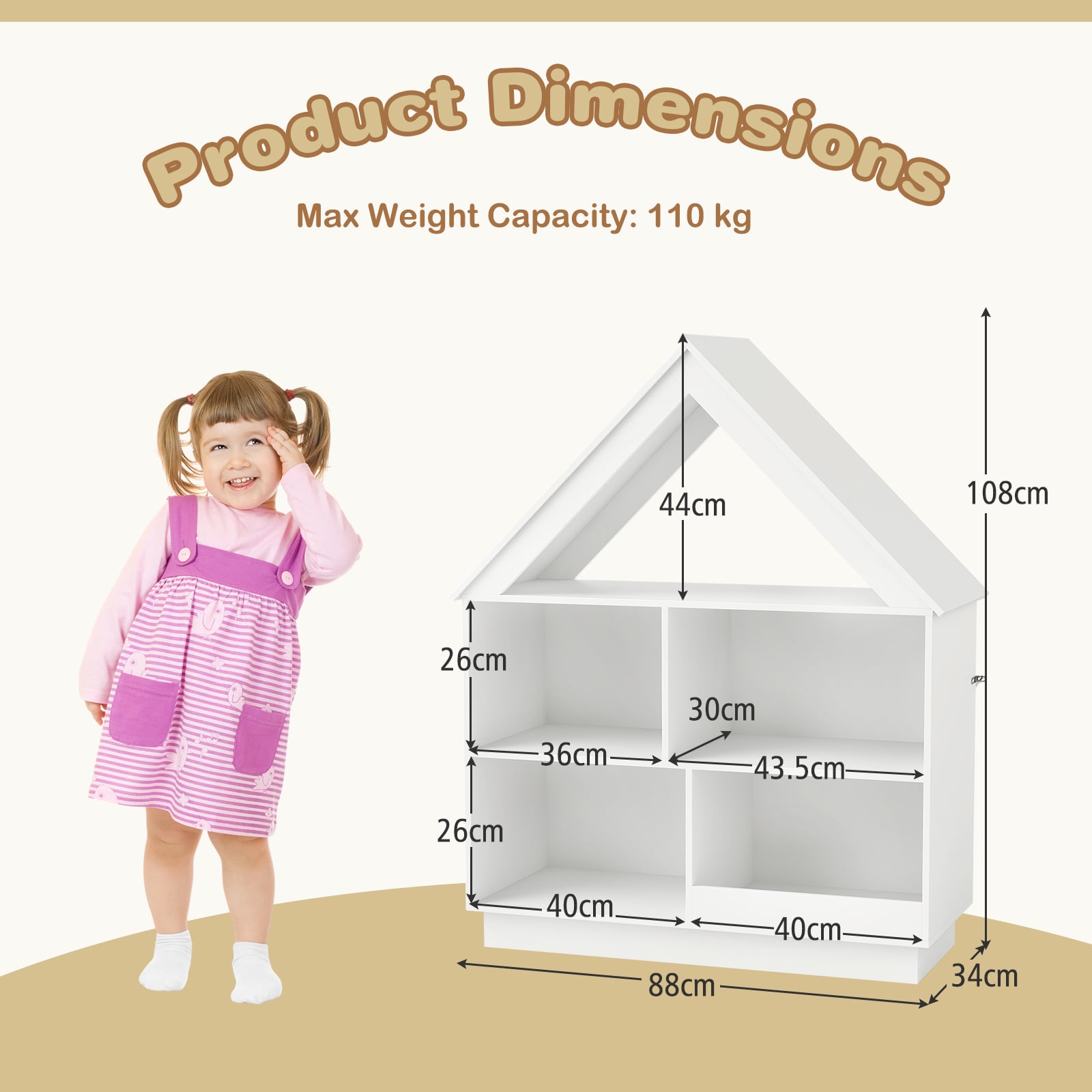 Kids Dollhouse Bookshelf with Anti-toppling Devices and 3-Tier Open Display Shelf for Toddlers-White