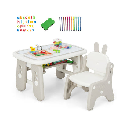 Kids Drawing Table and Chair Set with Flip-Top Tabletop Bookshelf-Grey