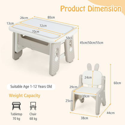 Kids Drawing Table and Chair Set with Flip-Top Tabletop Bookshelf-Grey