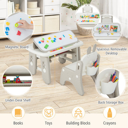 Kids Drawing Table and Chair Set with Flip-Top Tabletop Bookshelf-Grey