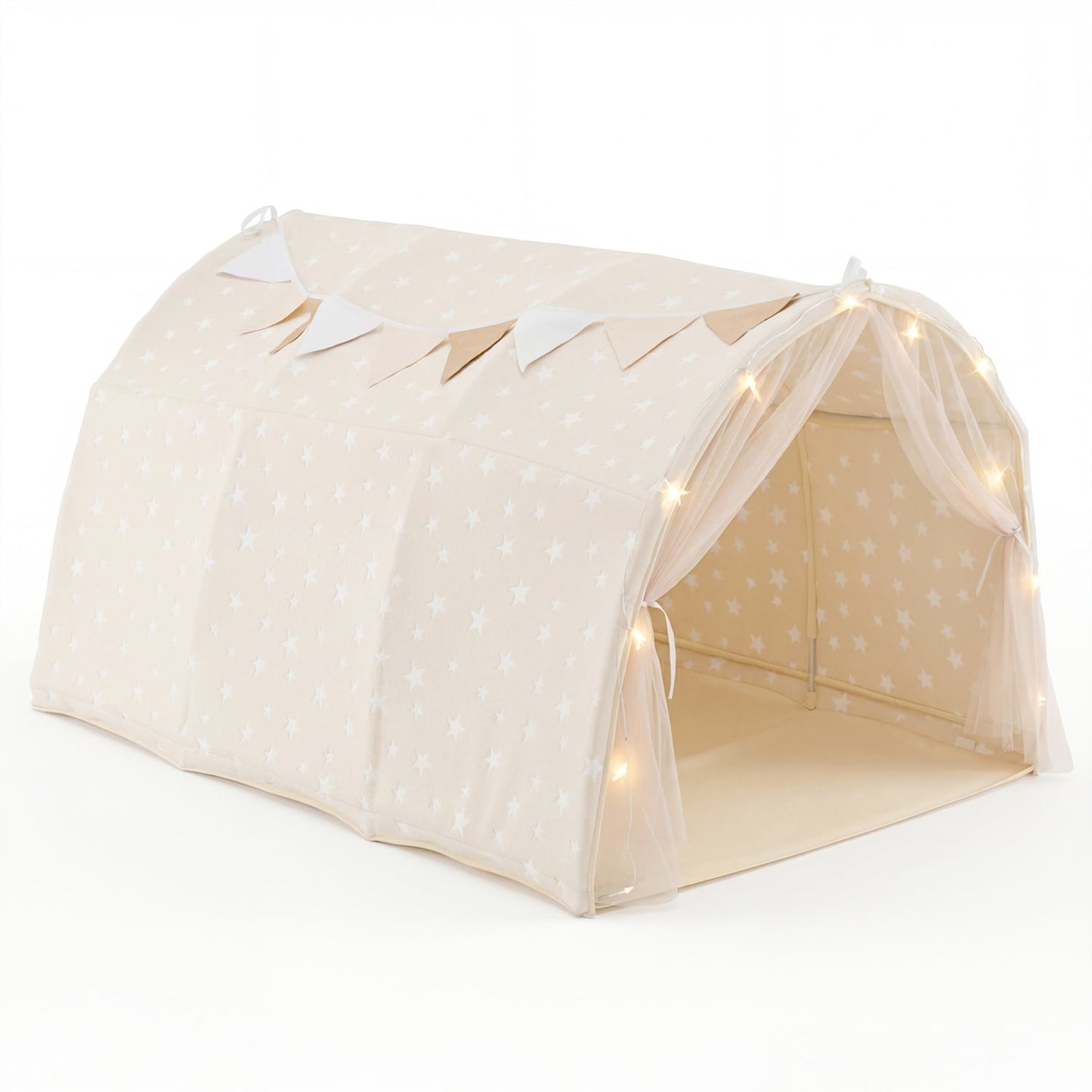 Magical Private Space Bed Tent for Single Bunk Beds with Glow-in-the-Dark Stars and Net Curtains for Ages 3+ Beige
