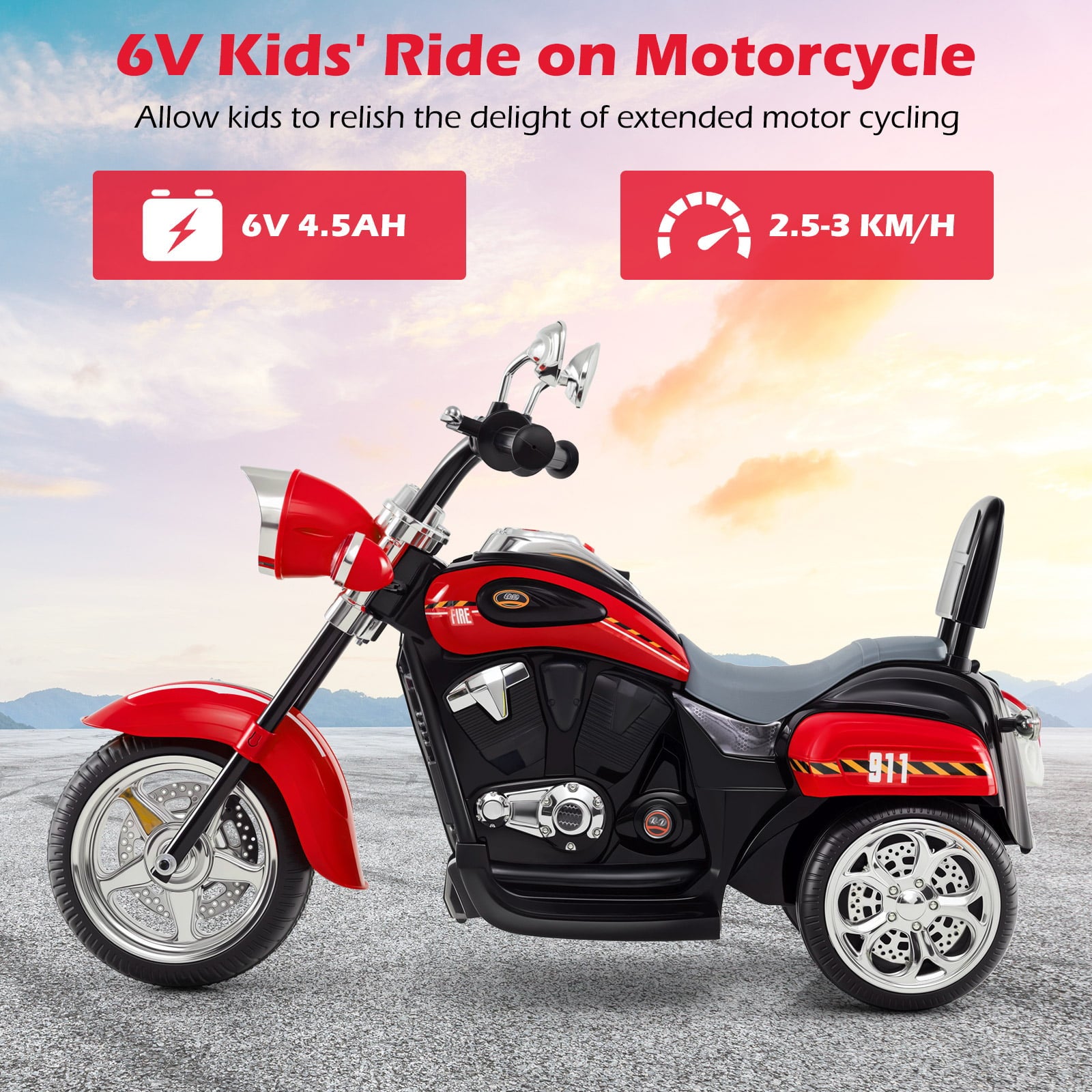 Kids Electric Motorcycle Motorbike 6V Battery Horn Headlight-Red & Black