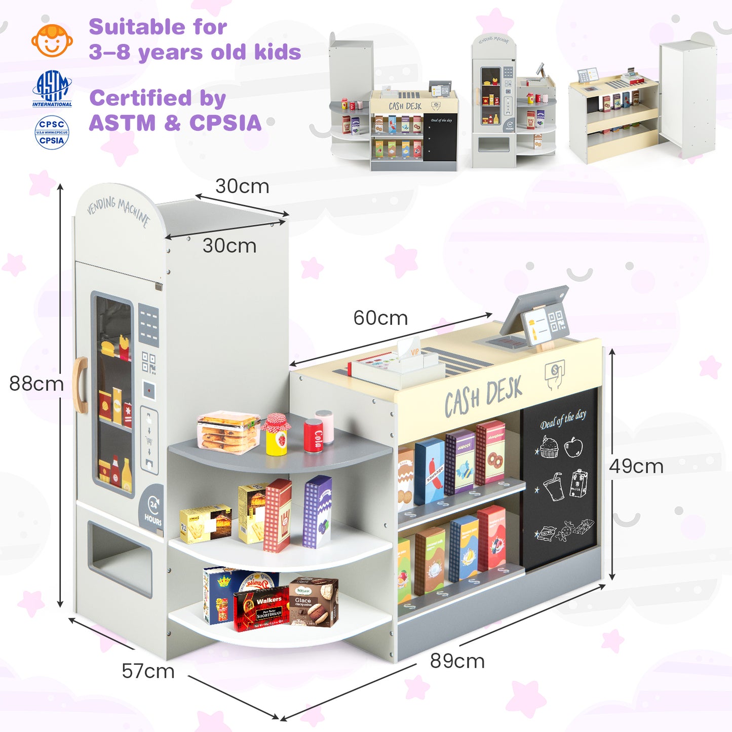 Kids Grocery Store Playset with Cash Register and Writable Chalkboard-Grey