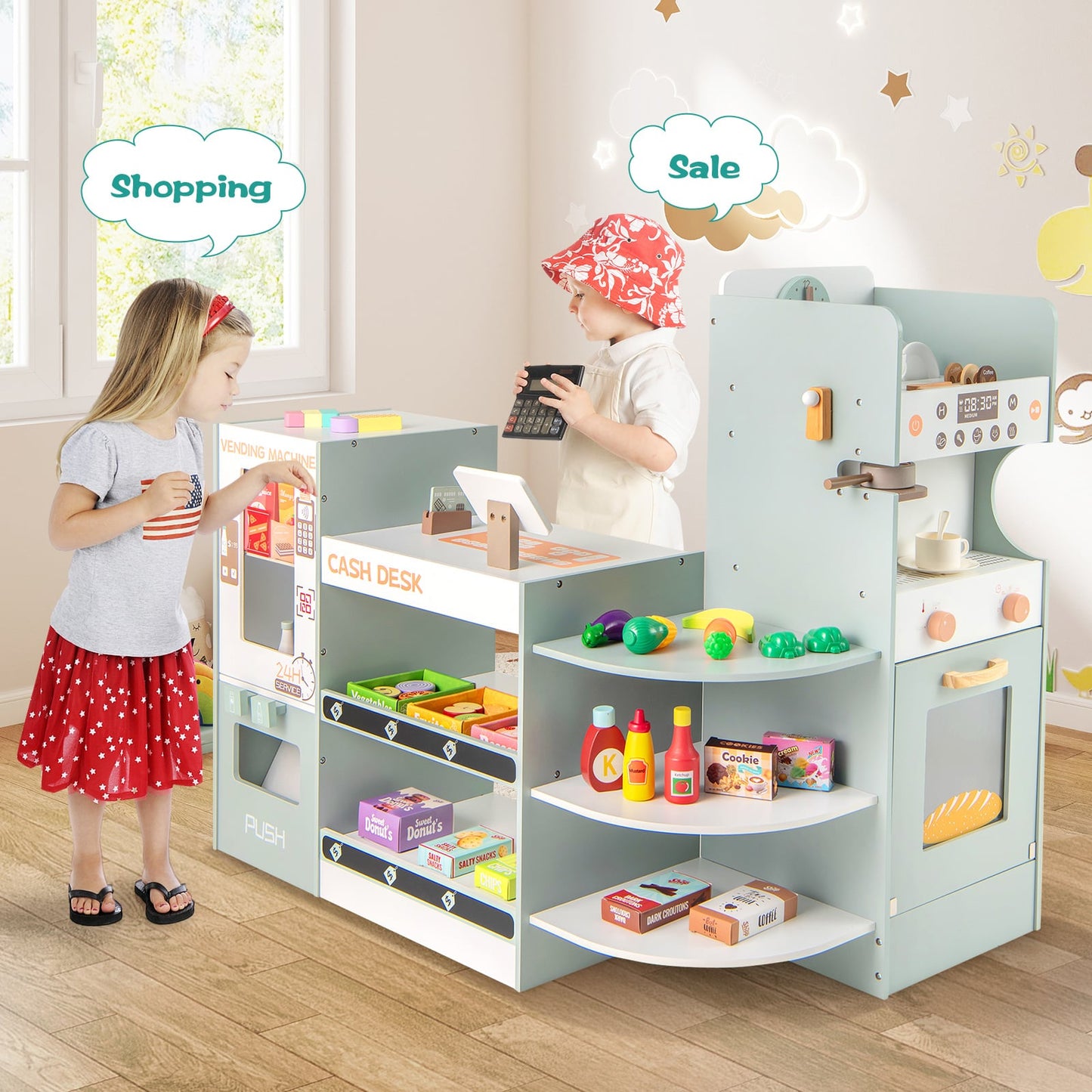 Kids Grocery Store Playset Wooden Pretend Play Supermarket-Green
