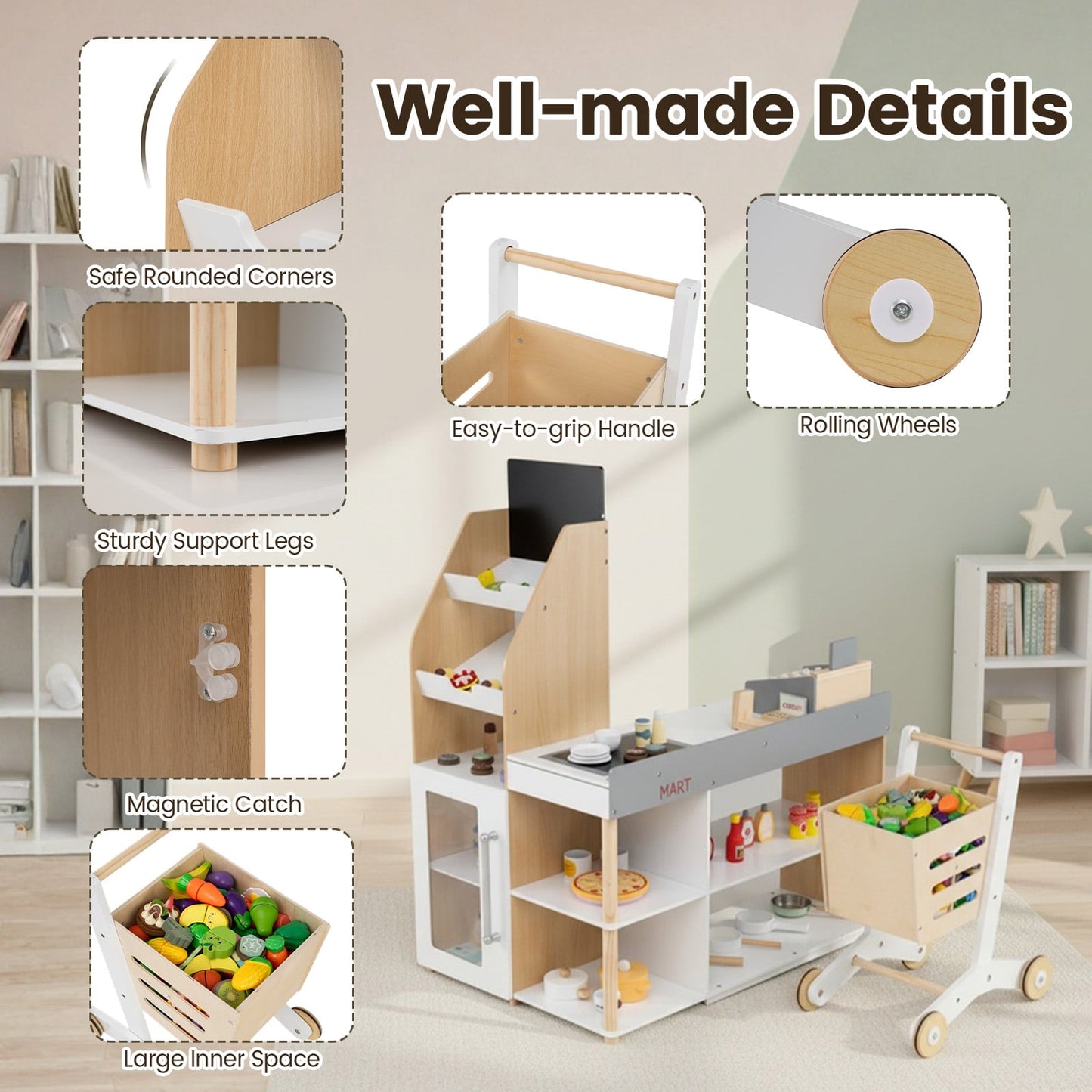 Kids Grocery Store Playset Wooden Pretend Play Supermarket with Shopping Cart-Natural