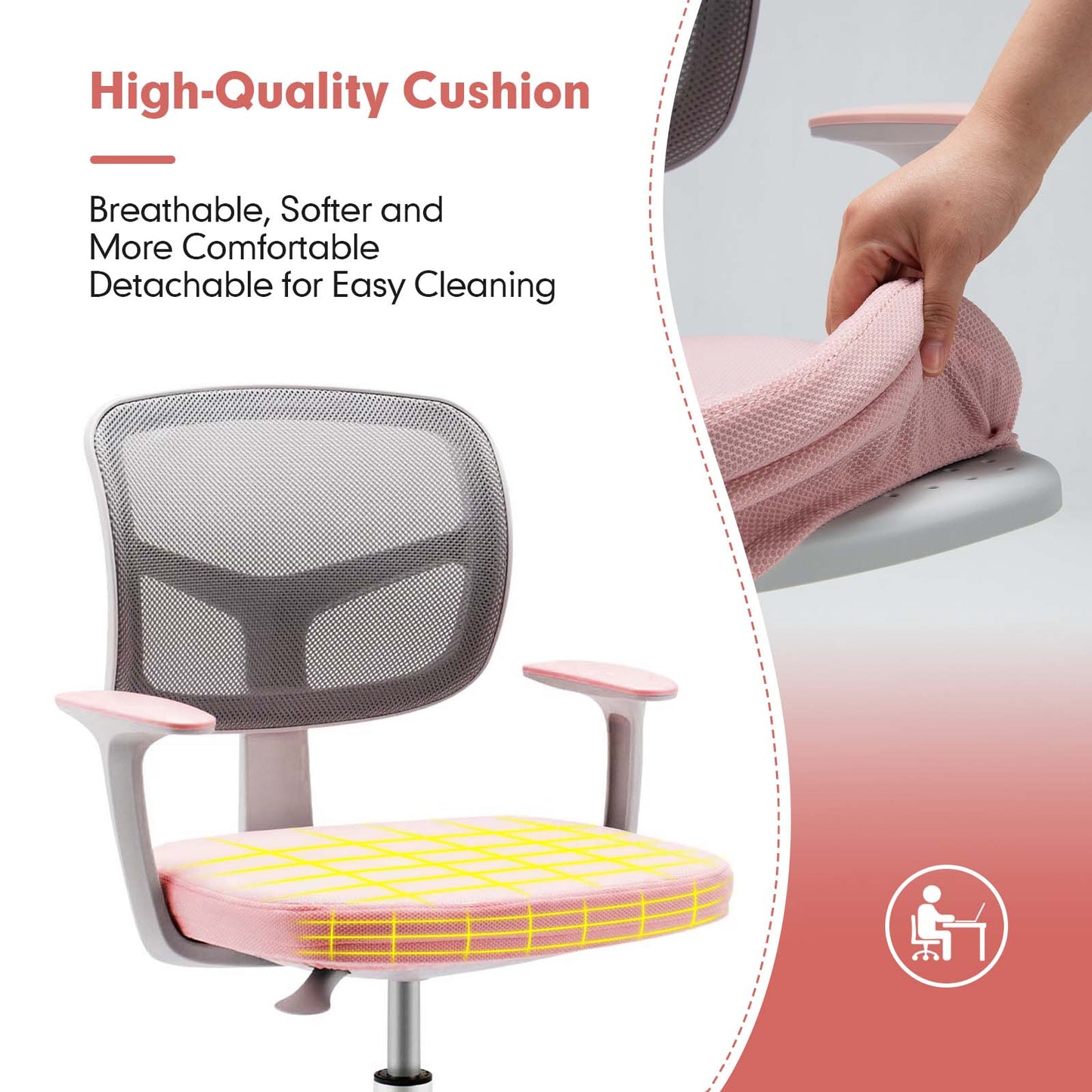 Kids Height-Adjustable Swivel Computer Desk Chair with Lumbar Support-Pink