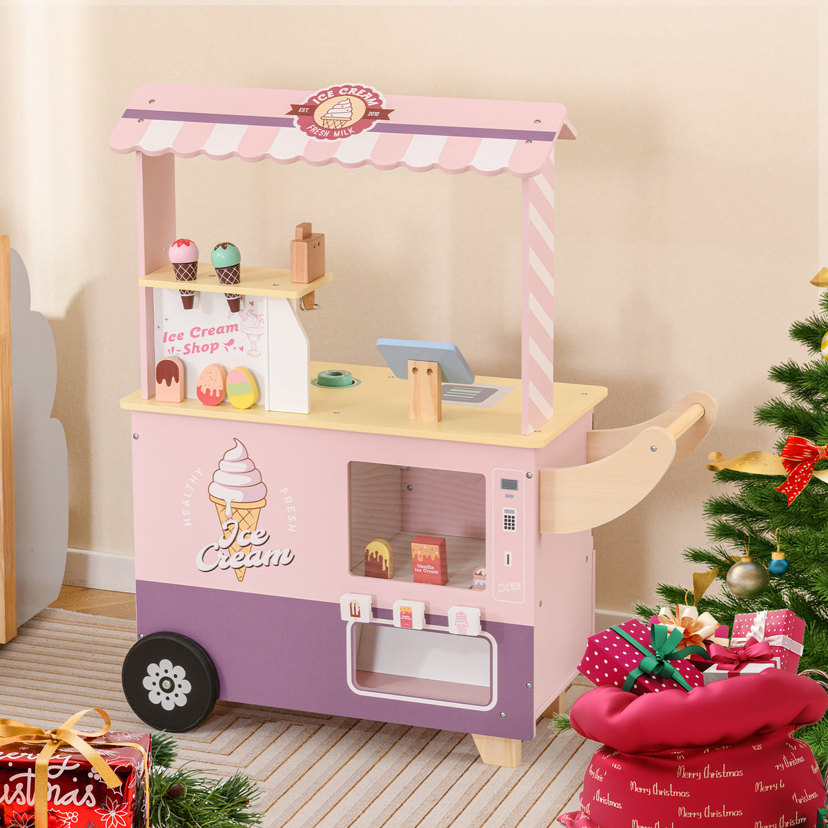 Kids Ice Cream Cart Truck Pretend Play Set for Toddlers-Pink