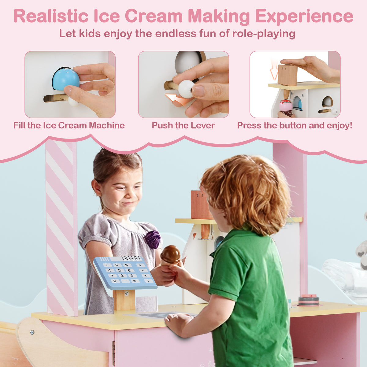 Kids Ice Cream Cart Truck Pretend Play Set for Toddlers-Pink