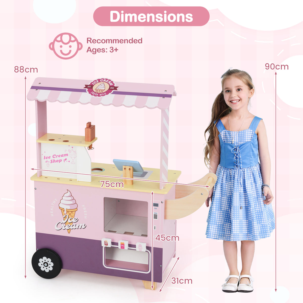 Kids Ice Cream Cart Truck Pretend Play Set for Toddlers-Pink