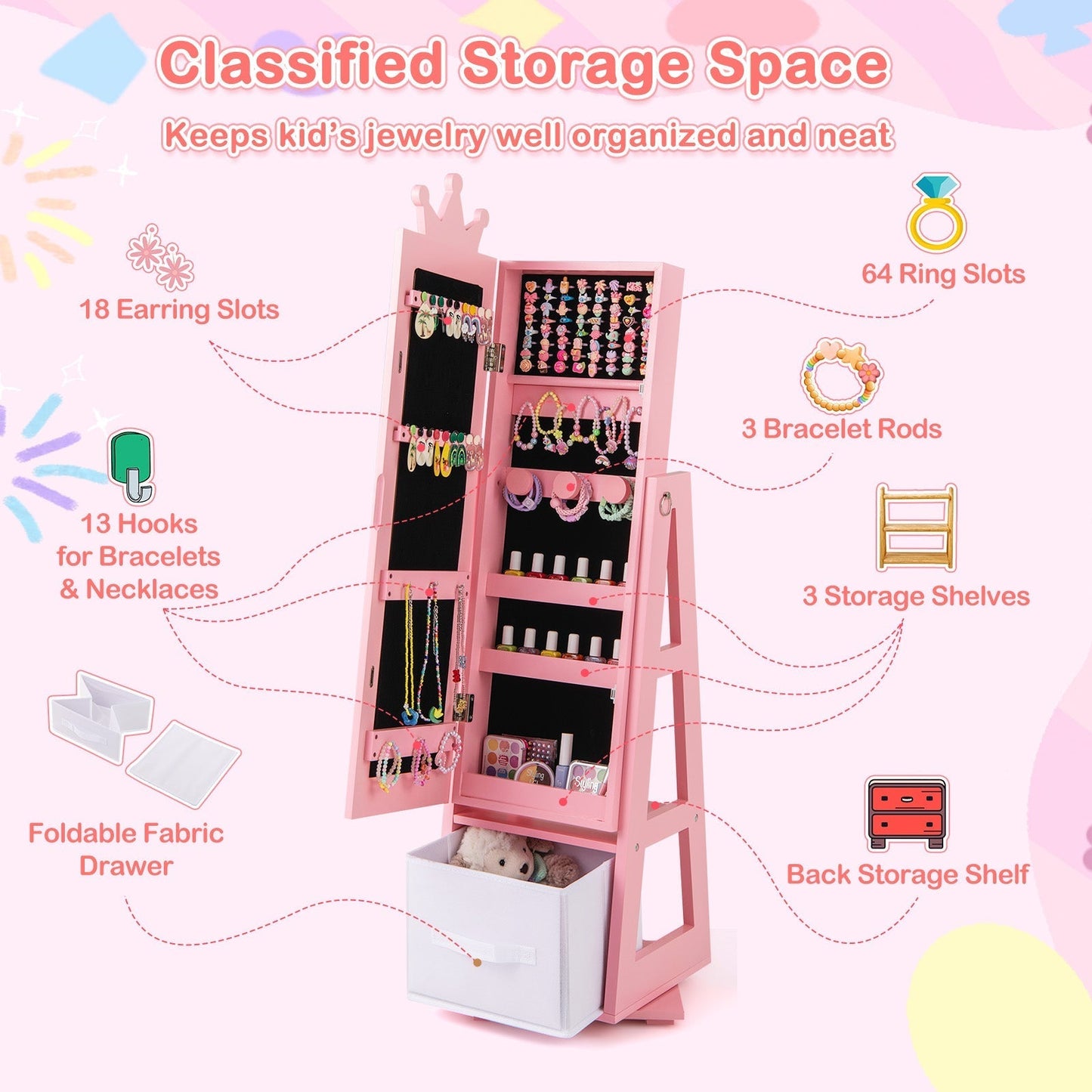 Kids Jewelry Armoire Cabinet with Large Storage Capacity and Swivel Base-Pink