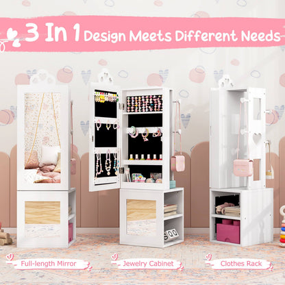 Kids Jewelry Armoire Full Length Mirror with Coat Rack and Storage Shelves-White