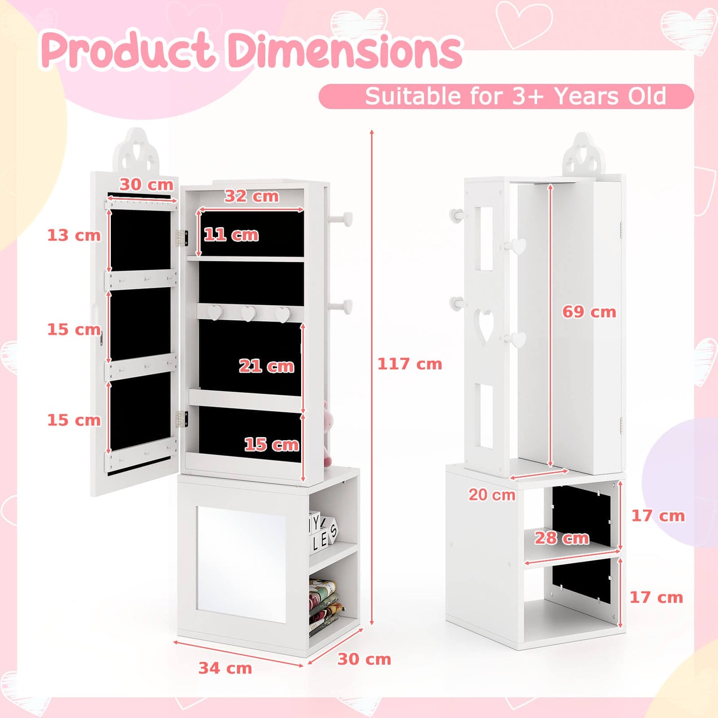 Kids Jewelry Armoire Full Length Mirror with Coat Rack and Storage Shelves-White