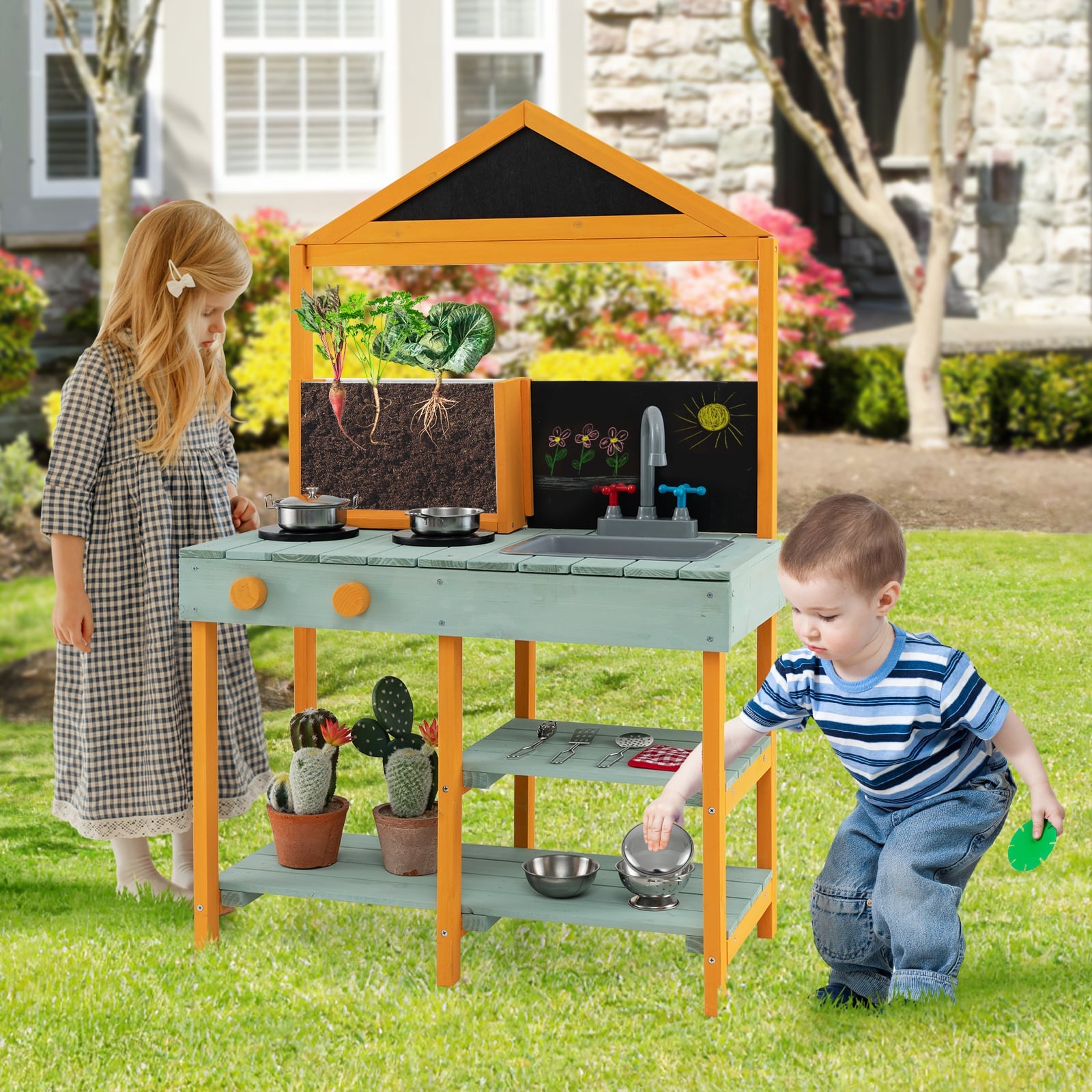 Kids Kitchen Playset with Root Viewer Planter Rotatable Faucet-green