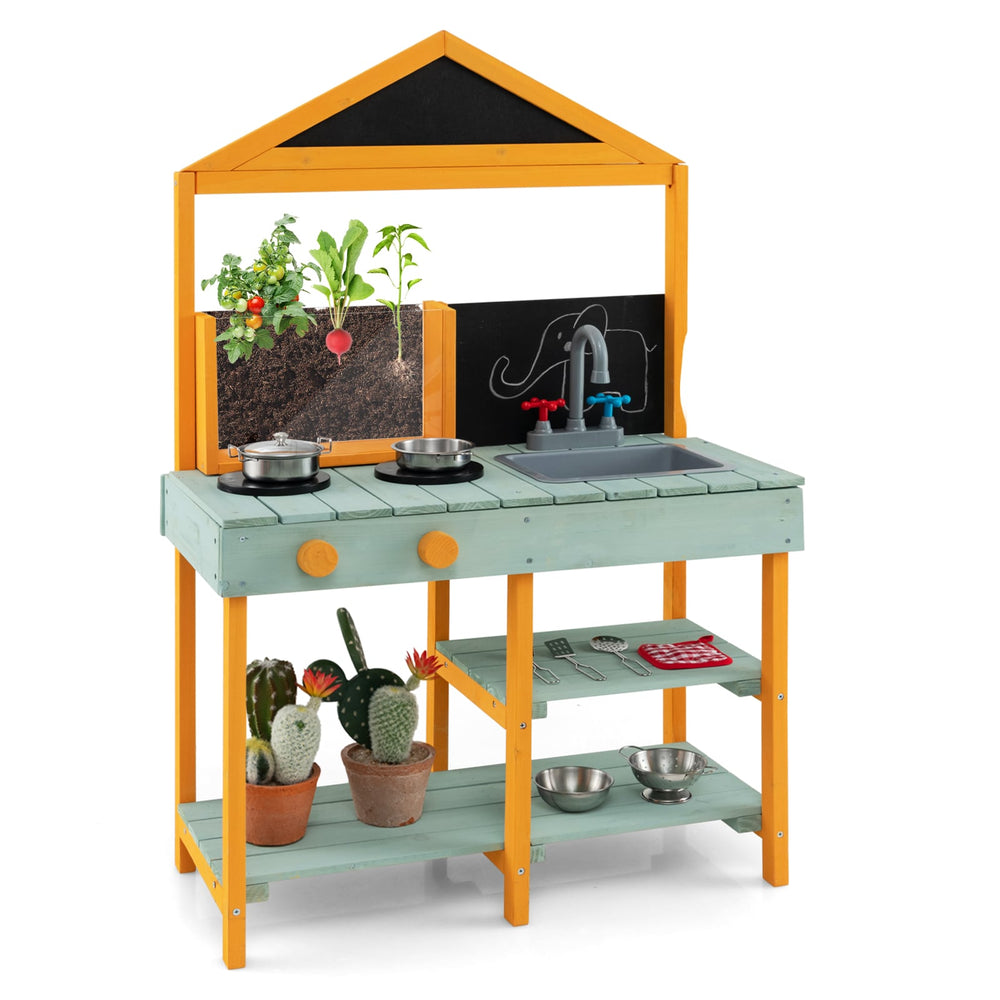 Kids Kitchen Playset with Root Viewer Planter Rotatable Faucet-green