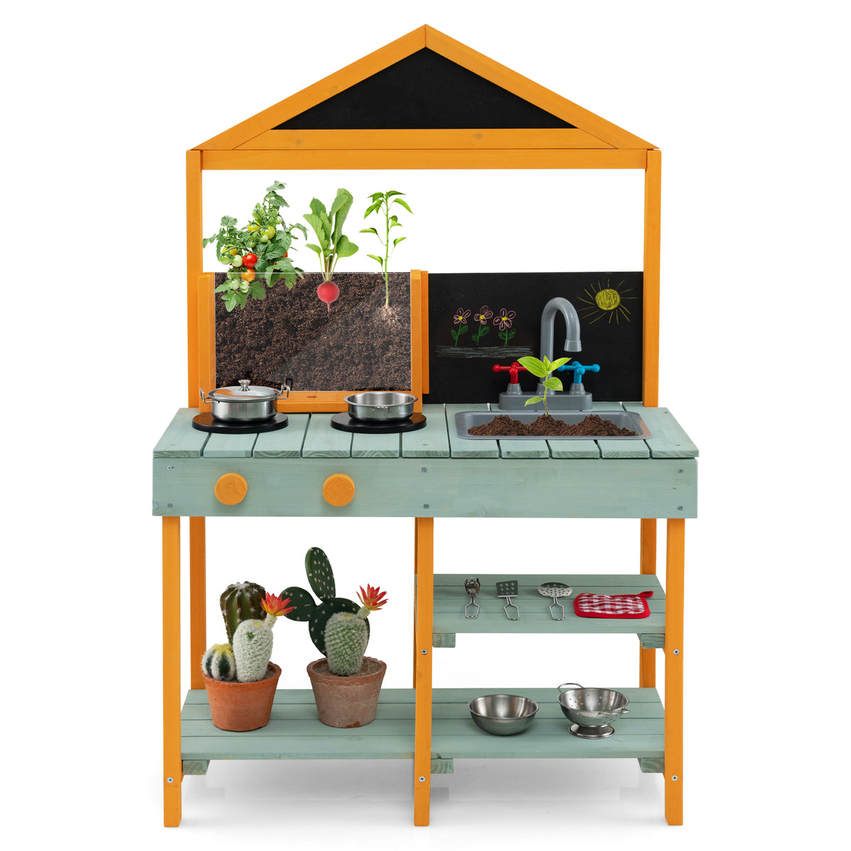 Kids Kitchen Playset with Root Viewer Planter Rotatable Faucet-green