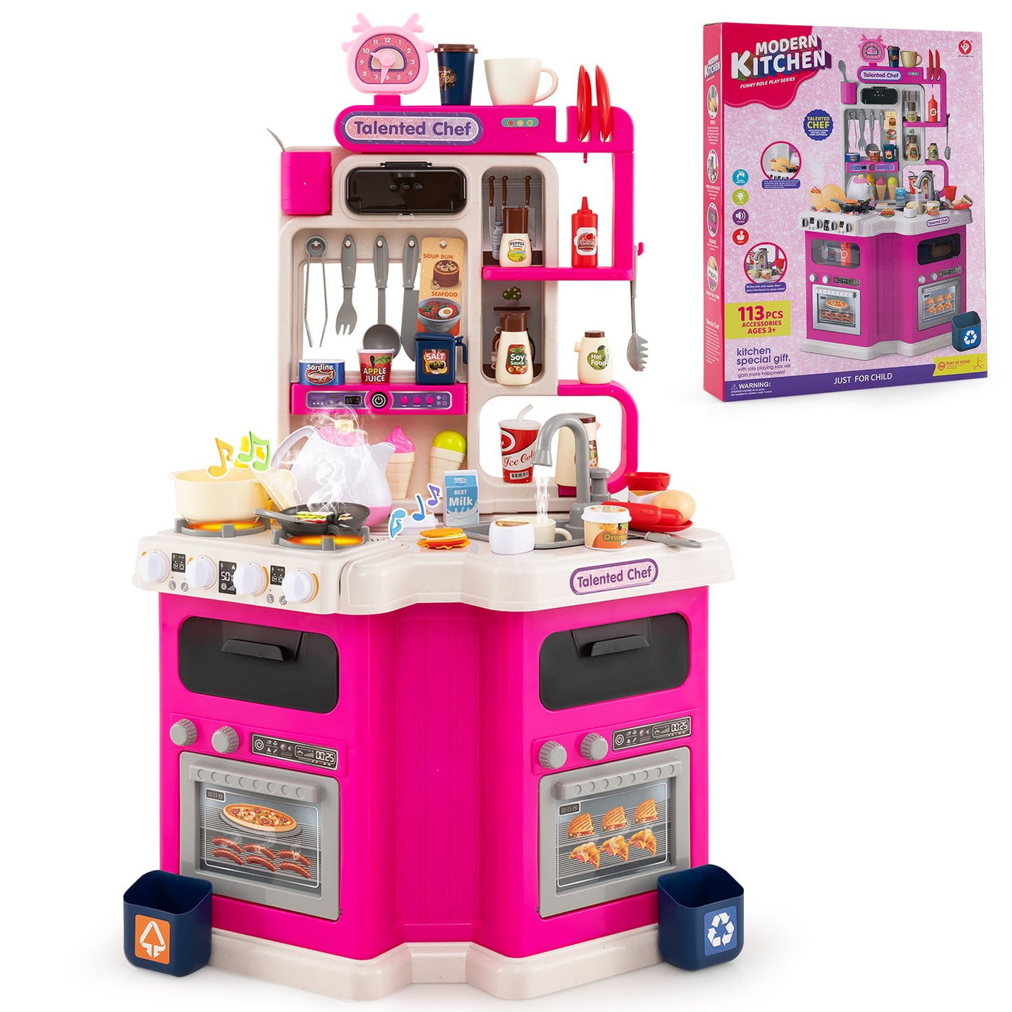 Kids Kitchen Playset Corner Play Kitchen with Realistic Sounds and Lights-Pink