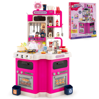 Kids Kitchen Playset Corner Play Kitchen with Realistic Sounds and Lights-Pink