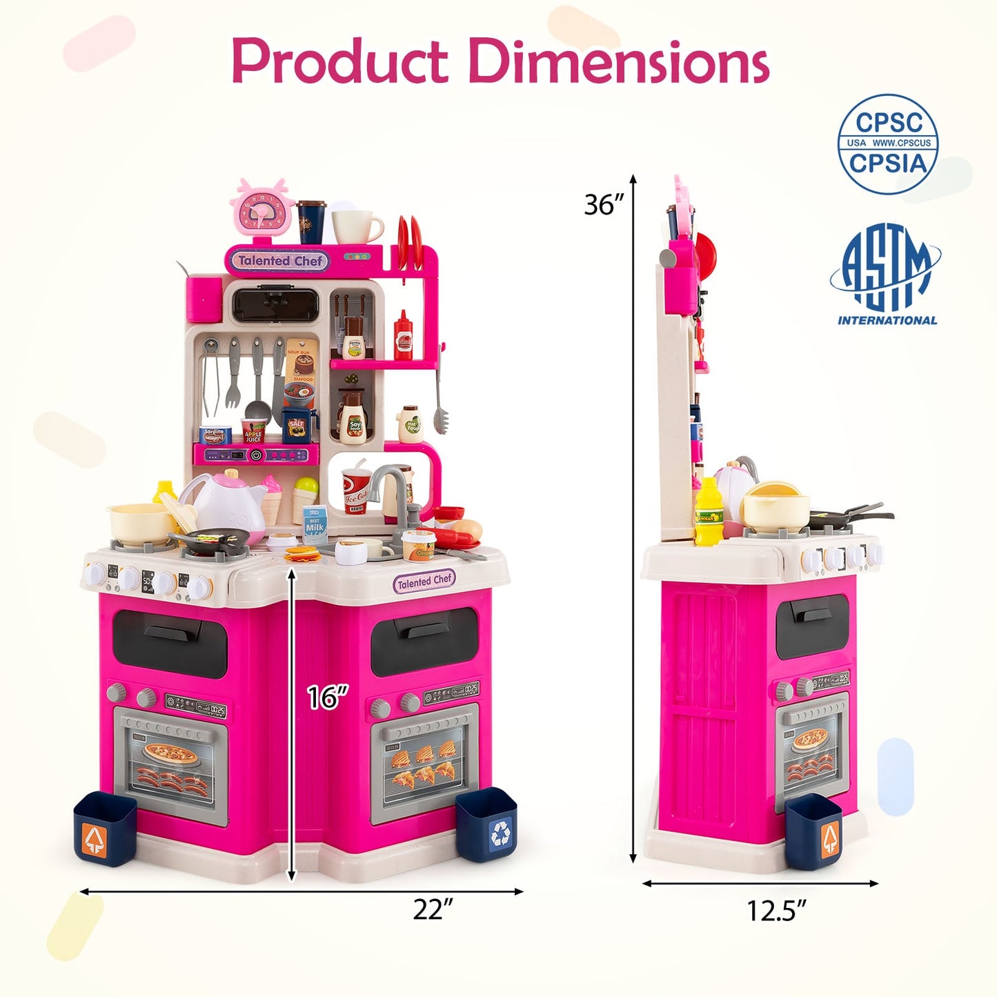 Kids Kitchen Playset Corner Play Kitchen with Realistic Sounds and Lights-Pink