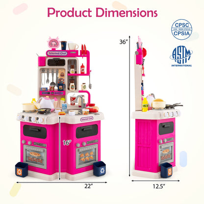 Kids Kitchen Playset Corner Play Kitchen with Realistic Sounds and Lights-Pink