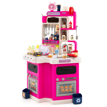 Kids Kitchen Playset Corner Play Kitchen with Realistic Sounds and Lights-Pink