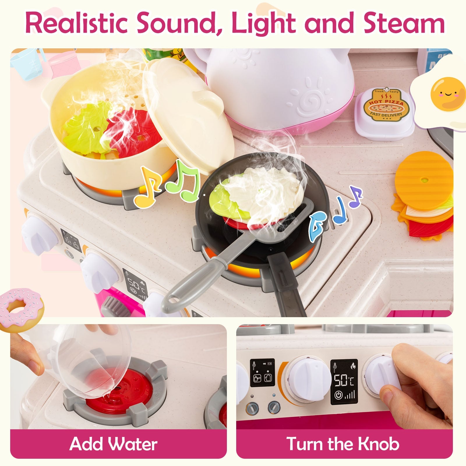 Kids Kitchen Playset Corner Play Kitchen with Realistic Sounds and Lights-Pink